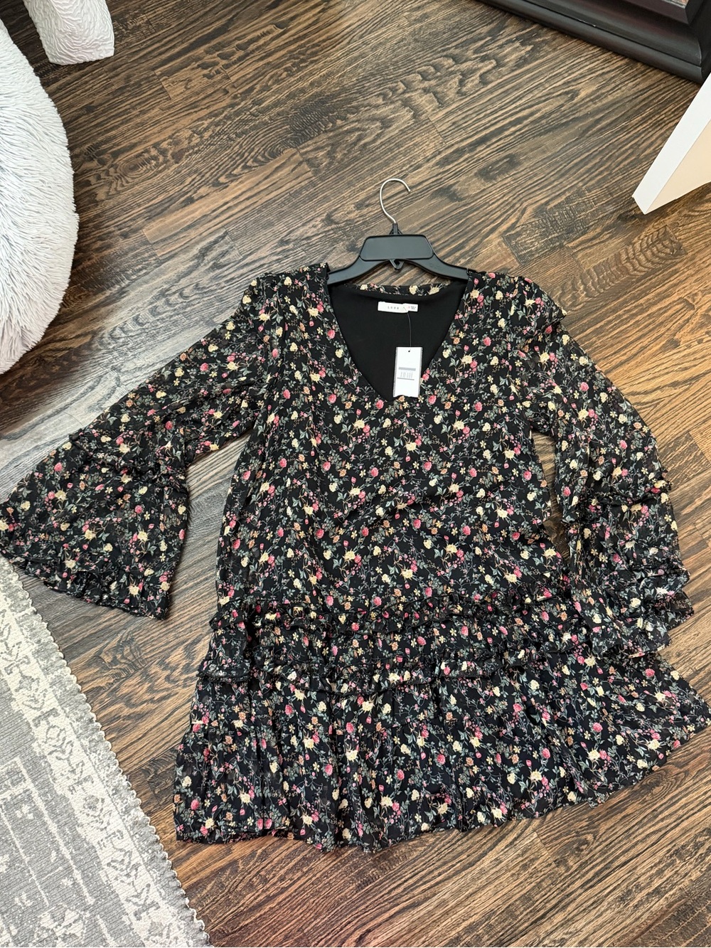 Lush Black Floral Ruffle Tiered Dress with Pink and Cream Blooms